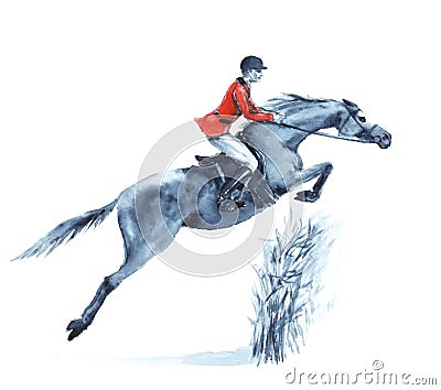 Watercolor rider and horse, jumping a hurdle in forest on white. Cartoon Illustration