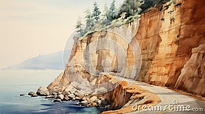 Watercolor Road Cliff Over Beautiful Ocean Stock Photo