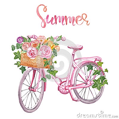 Watercolor floral bicycle, isolated. Romantic pink bike, basket and flowers on white background. Wedding design, cards Cartoon Illustration
