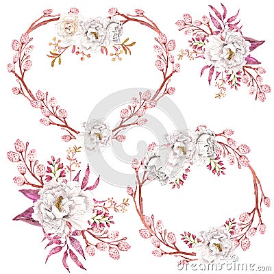 WWatercolor wreaths and bouquets, gentle color peonies flowers Stock Photo