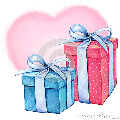 Watercolor romantic gift boxes blue and pink Vector Illustration