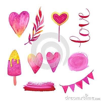 Watercolor romantic pink set. Heart and candy icecream and leaf Stock Photo