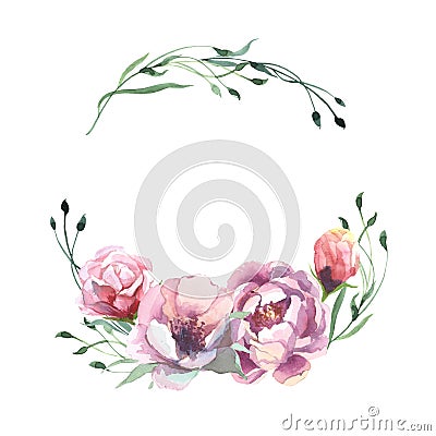 Watercolor romantic wreath of rose peony flower and green leaves Stock Photo