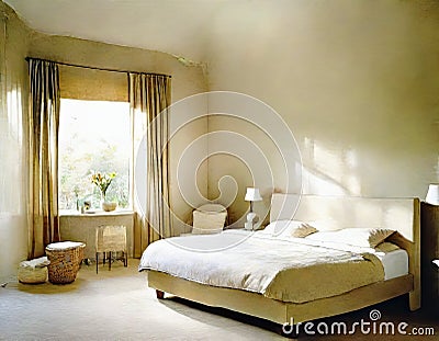 Watercolor of A roomy bedroom decorated in tones of beige and Stock Photo