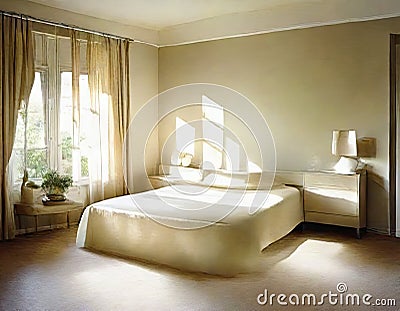 Watercolor of A roomy bedroom decorated in tones of beige and Stock Photo