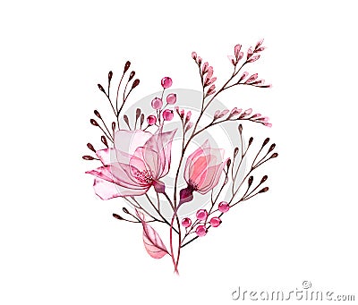 Watercolor Rose bouquet. Transparent pink flowers with branches and berries isolated on white. Hand painted vintage Cartoon Illustration