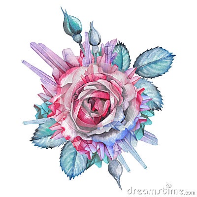 Watercolor rose vignette decorated with crystals Stock Photo