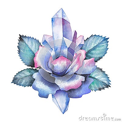 Watercolor rose vignette decorated with crystals Stock Photo