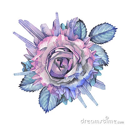 Watercolor rose vignette decorated with crystals Stock Photo