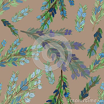 Watercolor rosemary branches on pink background. seamless pattern. Herbs, spices, cooking, kitchen print. Packaging, wallpaper, te Stock Photo