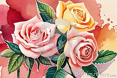 Watercolor roses clip art. Generative AI Stock Photo