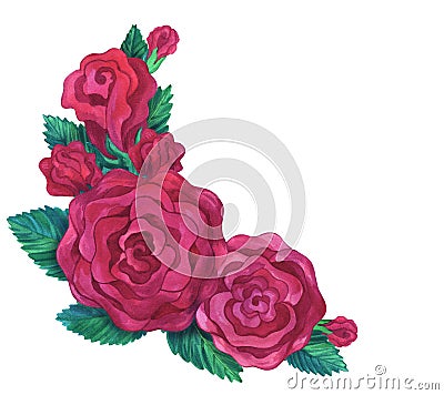 Watercolor roses corner frame. Cartoon Illustration