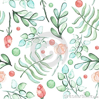 Watercolor Roses, Ferns And Spots Seamless Pattern Stock Photo