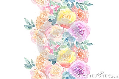 Watercolor Roses sea mless border. Vibrant floral background. Botanical hand drawn illustration. Colourful flowers and Cartoon Illustration