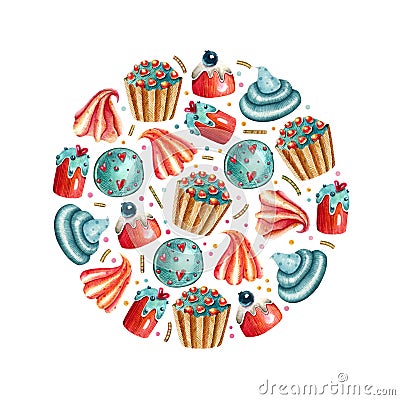 Watercolor round background with cookies, confectionery Stock Photo