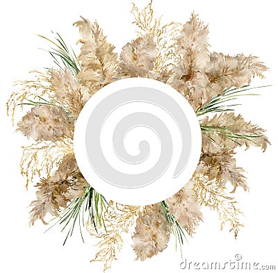 Watercolor round border of gold and green pampas grass. Hand painted tropical frame of exotic dry plant isolated on Cartoon Illustration