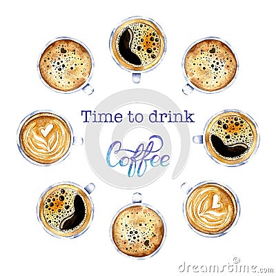 Watercolor round border in retro style with coffee cups and lettering Coffee Stock Photo