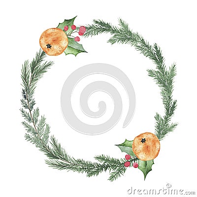 Watercolor round christmas frame with fir branches oranges berry leaves Cartoon Illustration