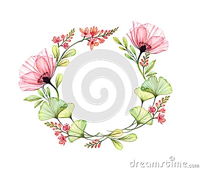 Watercolor round floral wreath. Circle arrangement of pink flowers, poppy, leaves. Card template with place for text Stock Photo