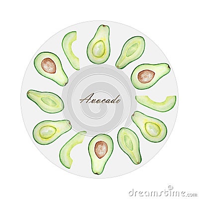 Watercolor round frame of avocado on the plate Cartoon Illustration