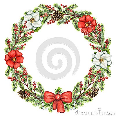 Watercolor round frame with berries, flowers, cones, bow and spruce branches Cartoon Illustration