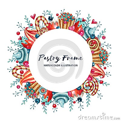 Watercolor round frame with confectionery Stock Photo