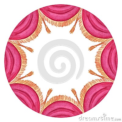 Watercolor round frame with red circus curtain Stock Photo