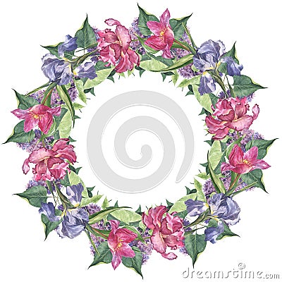 Watercolor round frame set with pink tulip and iris flowers Stock Photo