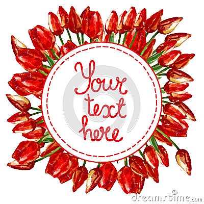 WATERCOLOR round wreath border frame WITH PAINTED RED TULIPS Cartoon Illustration