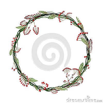 Watercolor round wreath of branches and red berries Stock Photo