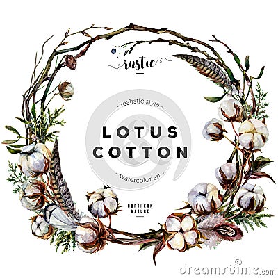 Watercolor Rustic Cotton Flowers and Feathers Wreath Vector Illustration