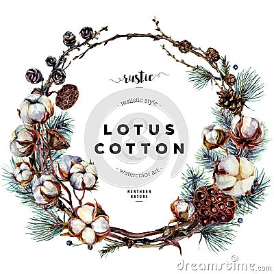 Watercolor Botanical Wreath with Cotton and Fir Branches Vector Illustration