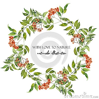 Watercolor rowan branches wreath, frame border Stock Photo