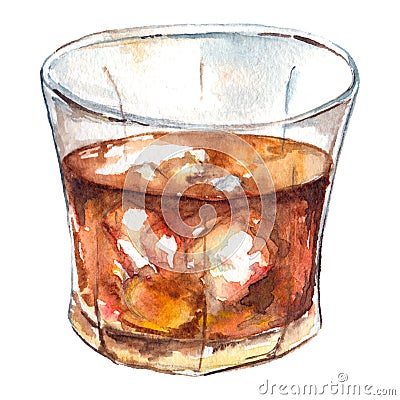 Watercolor rum whiskey ice alcohol cocktail isolated Stock Photo