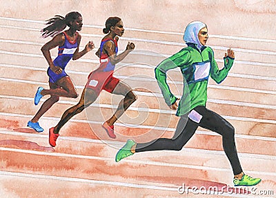 Watercolor running athletic women at the stadium. Cartoon Illustration