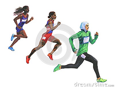 Watercolor running athletic women on white background. Cartoon Illustration