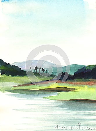 Watercolor rural summer landscape. Slow river flow among green hills against soft blue sky. Sunlight reflects on water surface. Cartoon Illustration