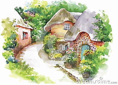 Watercolor rural village in green summer day illustration Vector Illustration