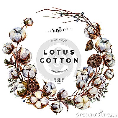 Watercolor Rustic Style Round Wreath with Cotton Vector Illustration