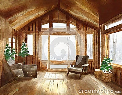 Watercolor of of a rustic living room with wooden chalet style Stock Photo