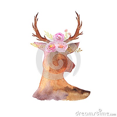 Watercolor rustic set of deer,flowers and leaves Stock Photo