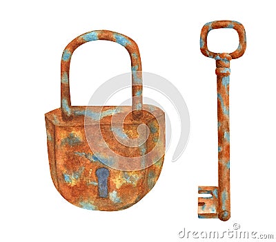 Watercolor rusty lock and key illustration. Hand drawn old vintage objects isolated on white background Cartoon Illustration