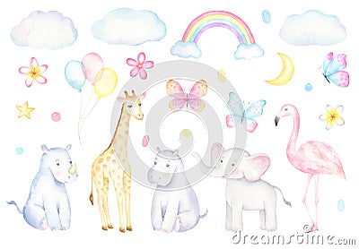 Watercolor Safari Animals Set Stock Photo