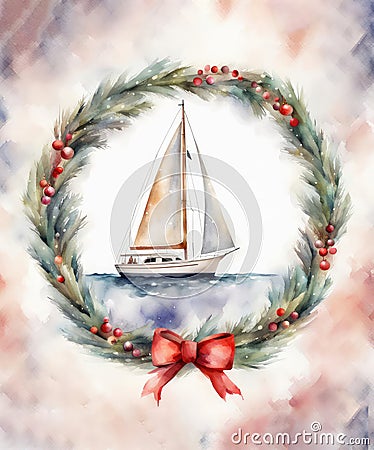 Watercolor Sailboat In a Christmas Wreath Stock Photo