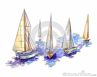 Vector watercolor sailboat regatta isolated on white. Seascape scene in sketch style Vector Illustration