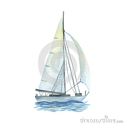 Watercolor sailboat on sea water. Drawing illustration of blue boat in ocean wave. Watercolor yacht floating isolated on Cartoon Illustration