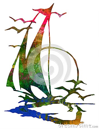 Watercolor Sailboat and Seagulls on the Ocean Stock Photo