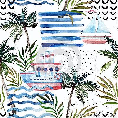 Watercolor sailboat, ship, palm tree, leaves, grunge textures, doodles, brush strokes. Cartoon Illustration