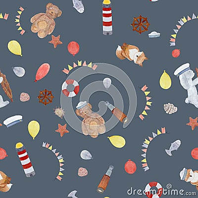 Watercolor sailor toys celebration pattern on grey Stock Photo