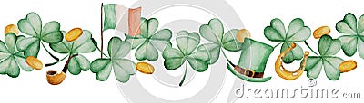 Watercolor Saint Patrick`s Day banner. Clover ornament. For design, print or background Stock Photo